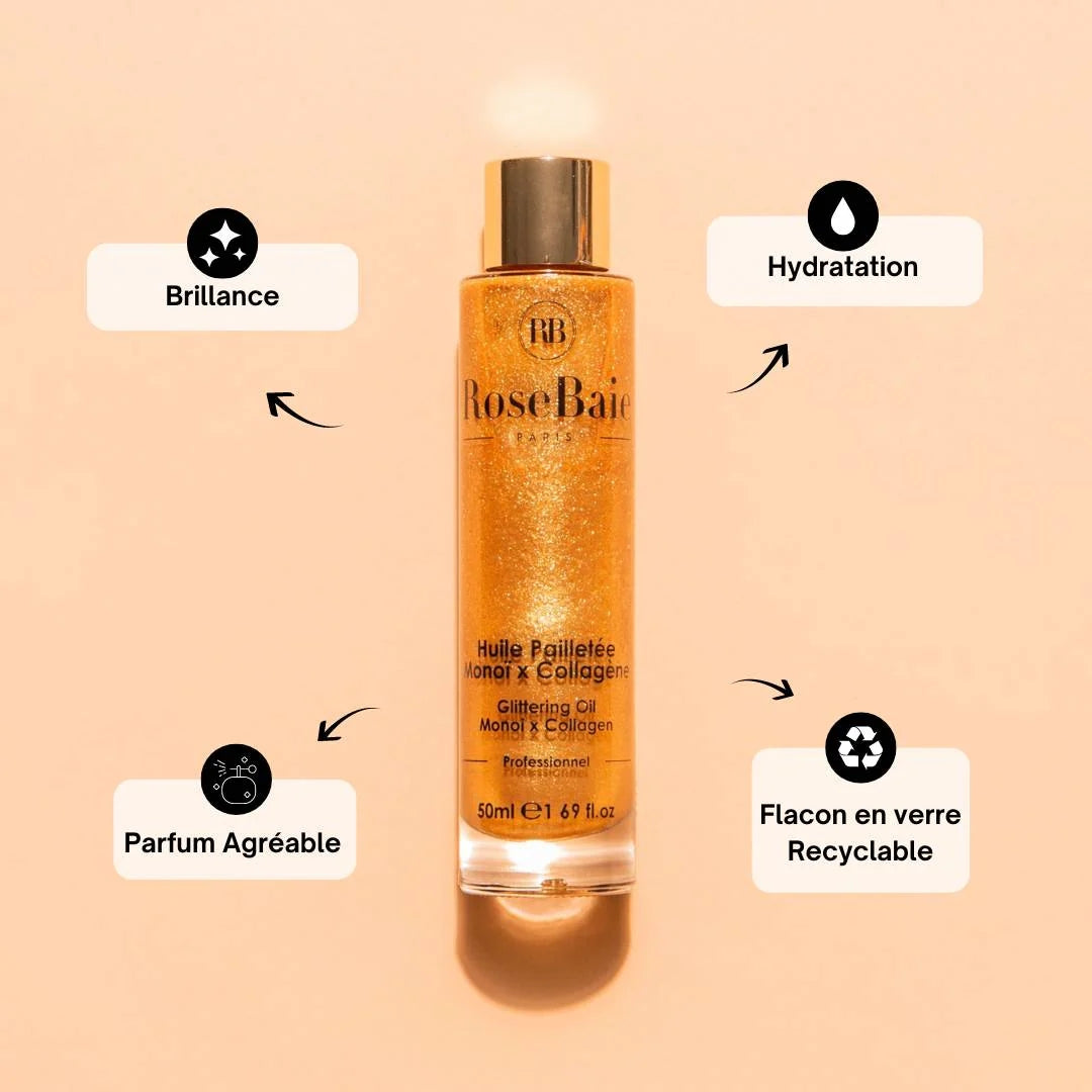 RoseBaie Huile Pailletée Monoï x Colagène Corps & Cheveux 50ml